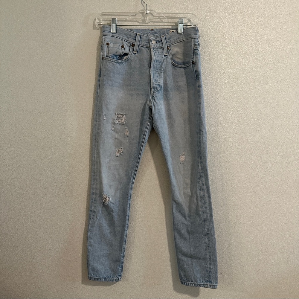 Levi’s 501 Distressed Button Fly  White Oak Cone Denim Jeans